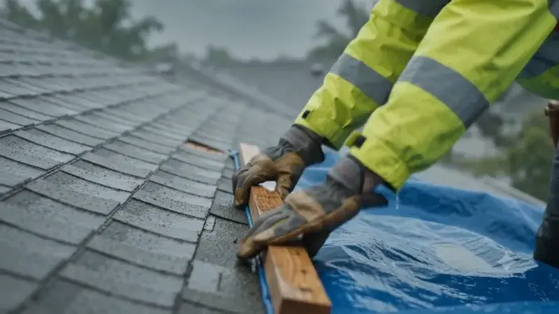 Roofer performing emergency roof repair in Anaheim on asphalt shingles during wet weather.
